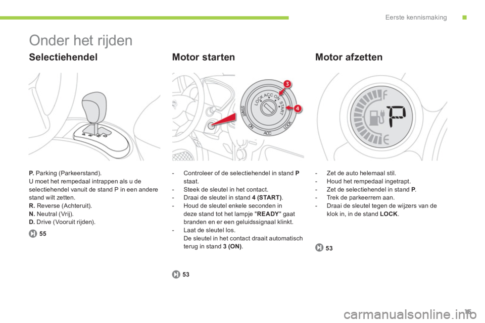 CITROEN C-ZERO 2014  Instructieboekjes (in Dutch) .Eerste kennismaking
15
  Onder het rijden 
P. 
 Parking (Parkeerstand). U moet het rempedaal intrappen als u deselectiehendel vanuit de stand P in een andere stand wilt zetten.R.Reverse (Achteruit). 