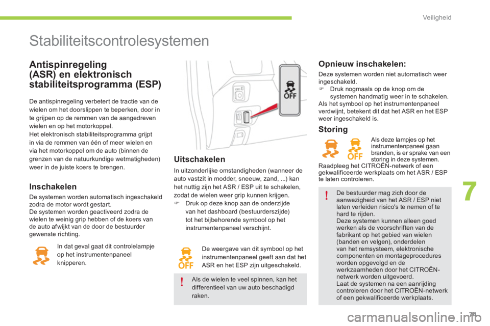 CITROEN C-ZERO 2014 Instructieboekjes (in Dutch) 7
Veiligheid
Antispinregeling
(ASR) en elektronisch
stabiliteitspro
gramma (ESP)
Stabiliteitscontrolesystemen
Uitschakelen
In uitzonderlijke omstandigheden (wanneer deauto CITROEN C-ZERO 2014 Instructieboekjes (in Dutch) 7
Veiligheid
Antispinregeling
(ASR) en elektronisch
stabiliteitspro
gramma (ESP)
Stabiliteitscontrolesystemen
Uitschakelen
In uitzonderlijke omstandigheden (wanneer deauto