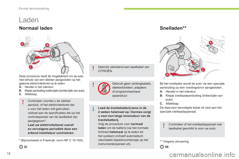 CITROEN C-ZERO 2014  Instructieboekjes (in Dutch) Eerste kennismaking
16
  Laden 
 Bij het snelladen wordt de auto via een speciale
aansluiting op een voedingsbron aangesloten.
A.Hendel in het interieur. 
B.Klepje snellaadaansluiting (linkerzijde van