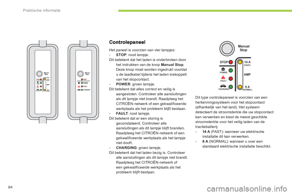 CITROEN C-ZERO 2014  Instructieboekjes (in Dutch) Praktische informatie
84
 Het paneel is voorzien van vier lampjes:-STOP 
: rood lampje.  Dit betekent dat het laden is onderbroken door 
het indrukken van de knop Manual Stop.
Deze knop moet worden in