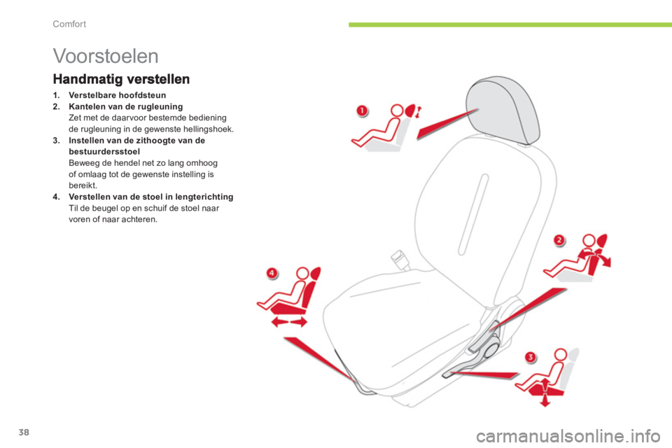 CITROEN C-ZERO 2014  Instructieboekjes (in Dutch) Comfort
38
   
 
 
 
 
 
 
 
 
 
 
 
 
 
Vo or stoelen  
1.Verstelbare hoofdsteun2.Kantelen van de rugleuning
Zet met de daar voor bestemde bedieningde rugleuning in de gewenste hellingshoek. 3.Instel