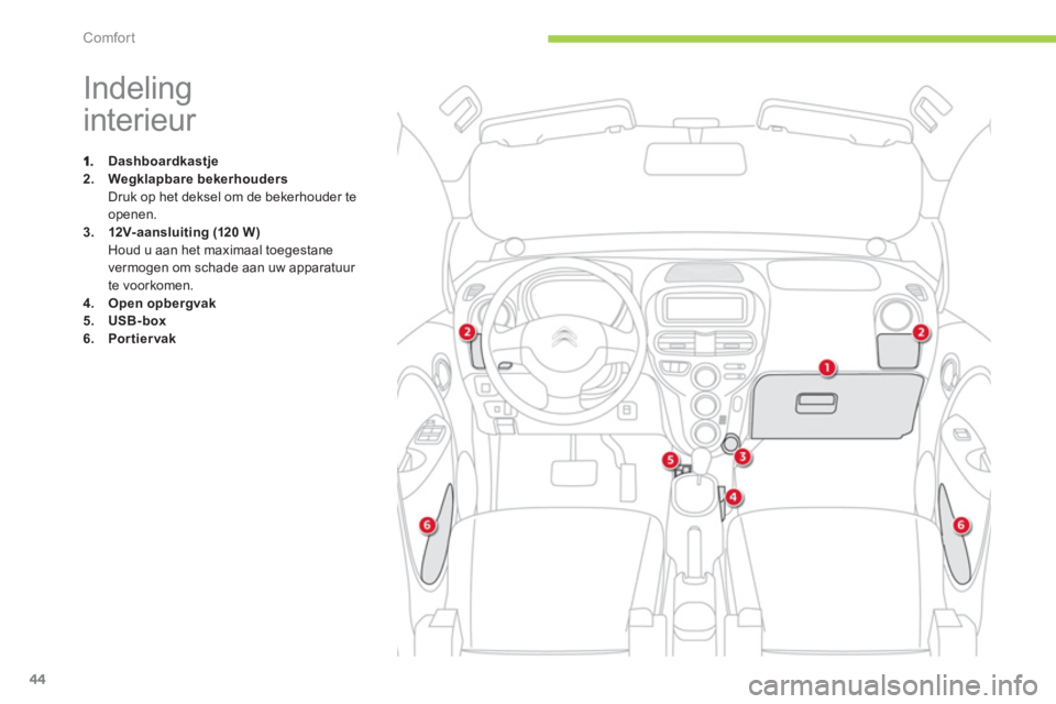 CITROEN C-ZERO 2014  Instructieboekjes (in Dutch) Comfort
44
   
 
 
 
 
 
 
 
 
 
 
 
 
 
 
 
 
 
 
 
Indeling 
interieur 
Dashboardkastje2.Wegklapbare bekerhoudersDruk op het deksel om de bekerhouder teopenen.3.12V- aansluiting (120 W)
Houd u aan h
