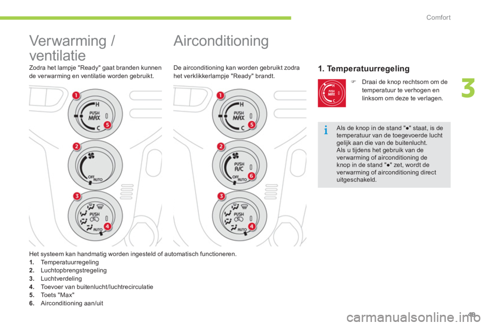 CITROEN C-ZERO 2014  Instructieboekjes (in Dutch) 3
Comfort
49
  Airconditioning 
De airconditioning kan worden gebruikt zodrahet verklikkerlampje "Ready" brandt.1. Temperatuurregeling 
�) 
  Draai de knop rechtsom om de 
temperatuur te verhogen enli