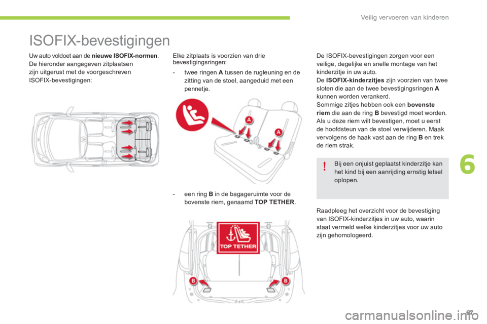 CITROEN C-ZERO 2014 Instructieboekjes (in Dutch) 6
Veilig vervoeren van kinderen
67
Uw auto voldoet aan de nieuwe ISOFIX-normen.
De hieronder aangegeven zitplaatsen
zijn uitgerust met de voorgeschreven
ISOFIX-bevestigingen:
CITROEN C-ZERO 2014 Instructieboekjes (in Dutch) 6
Veilig vervoeren van kinderen
67
Uw auto voldoet aan de nieuwe ISOFIX-normen.
De hieronder aangegeven zitplaatsen
zijn uitgerust met de voorgeschreven
ISOFIX-bevestigingen: