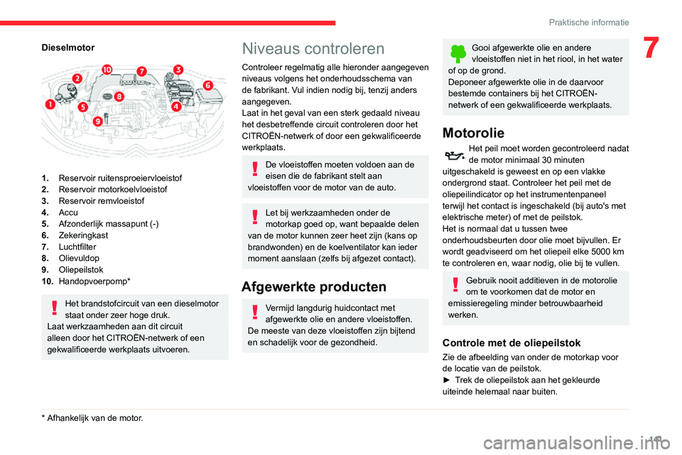 CITROEN C3 AIRCROSS 2021 Instructieboekjes (in Dutch) 141
Praktische informatie
7Dieselmotor
1.Reservoir ruitensproeiervloeistof
2. Reservoir motorkoelvloeistof
3. Reservoir remvloeistof
4. Accu
5. Afzonderlijk massapunt (-)
6. Zekeringkast
7. Luchtfi CITROEN C3 AIRCROSS 2021 Instructieboekjes (in Dutch) 141
Praktische informatie
7Dieselmotor
1.Reservoir ruitensproeiervloeistof
2. Reservoir motorkoelvloeistof
3. Reservoir remvloeistof
4. Accu
5. Afzonderlijk massapunt (-)
6. Zekeringkast
7. Luchtfi