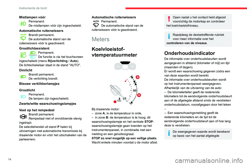 CITROEN C3 AIRCROSS 2021 Instructieboekjes (in Dutch) 14
Instruments de bord
Mistlampen vóórPermanent.De mistlampen vóór zijn ingeschakeld.
Automatische ruitenwissersBrandt permanent.De automatische stand van de
ruitenwissers vóór is geactiveerd.
CITROEN C3 AIRCROSS 2021 Instructieboekjes (in Dutch) 14
Instruments de bord
Mistlampen vóórPermanent.De mistlampen vóór zijn ingeschakeld.
Automatische ruitenwissersBrandt permanent.De automatische stand van de
ruitenwissers vóór is geactiveerd.