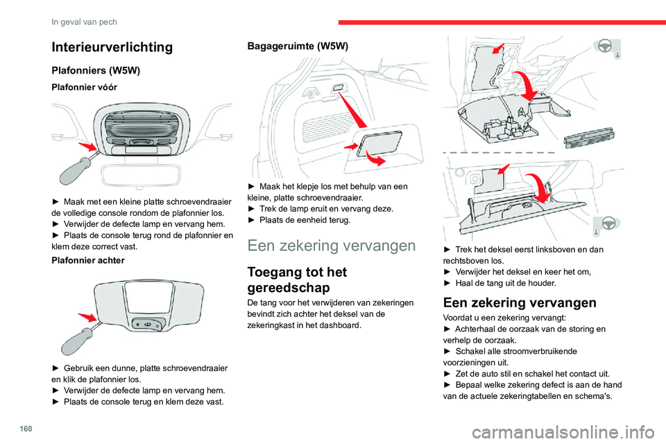 CITROEN C3 AIRCROSS 2021 Instructieboekjes (in Dutch) 160
In geval van pech
Interieurverlichting
Plafonniers (W5W)
Plafonnier vóór
► Maak met een kleine platte schroevendraaier de volledige console rondom de plafonnier los.► Verwijder de defecte CITROEN C3 AIRCROSS 2021 Instructieboekjes (in Dutch) 160
In geval van pech
Interieurverlichting
Plafonniers (W5W)
Plafonnier vóór
► Maak met een kleine platte schroevendraaier de volledige console rondom de plafonnier los.► Verwijder de defecte