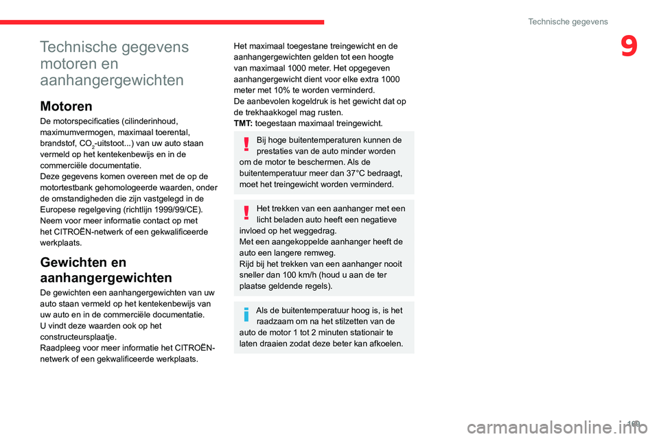 CITROEN C3 AIRCROSS 2021 Instructieboekjes (in Dutch) 169
Technische gegevens
9Technische gegevens motoren en
aanhangergewichten
Motoren
De motorspecificaties (cilinderinhoud,
maximumvermogen, maximaal toerental,
brandstof, CO
2-uitstoot...) van uw au CITROEN C3 AIRCROSS 2021 Instructieboekjes (in Dutch) 169
Technische gegevens
9Technische gegevens motoren en
aanhangergewichten
Motoren
De motorspecificaties (cilinderinhoud,
maximumvermogen, maximaal toerental,
brandstof, CO
2-uitstoot...) van uw au