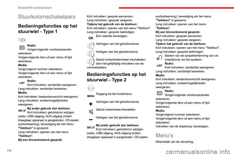 CITROEN C3 AIRCROSS 2021  Instructieboekjes (in Dutch) 176
Bluetooth®-audiosysteem
"Multimedia": Parameters media, 
Radio-instellingen.
"Telefoon": Bellen, Beheer index, 
Instelling telefoon, Gespr. beëindigen.
"Boordcomputer". 
