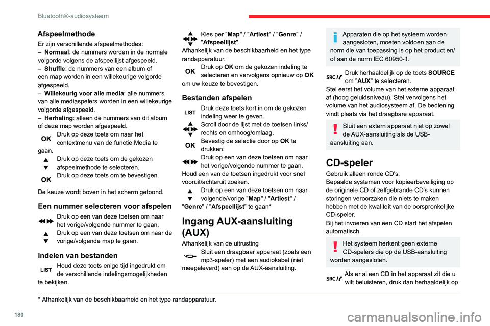 CITROEN C3 AIRCROSS 2021  Instructieboekjes (in Dutch) 180
Bluetooth®-audiosysteem
de toets SOURCE om de functie "CD" te 
selecteren.
Druk op een van de toetsen voor het 
selecteren van een nummer op de CD.
Druk op de toets LIJST voor een lijst v