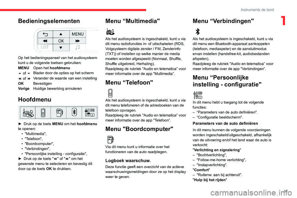 CITROEN C3 AIRCROSS 2021  Instructieboekjes (in Dutch) 19
Instruments de bord
1Bedieningselementen 
 
Op het bedieningspaneel van het audiosysteem 
kunt u de volgende toetsen gebruiken:
MENUOpen het hoofdmenu
5 of 6 Blader door de opties op het scherm
7 o