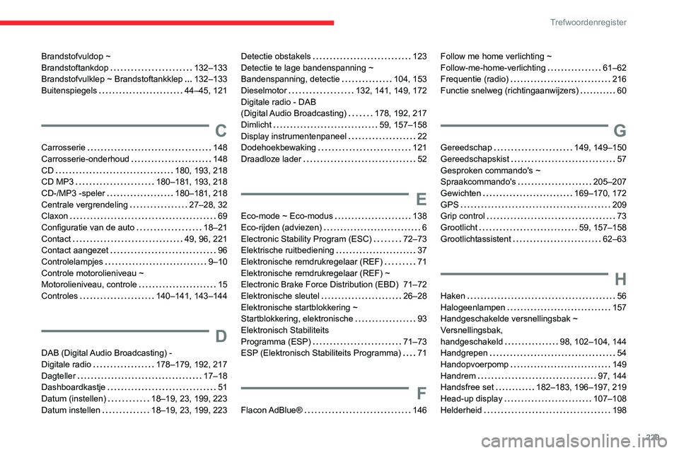CITROEN C3 AIRCROSS 2021 Instructieboekjes (in Dutch) 229
Trefwoordenregister
Brandstofvuldop ~ Brandstoftankdop 132–133Brandstofvulklep ~ Brandstoftankklep 132–133Buitenspiegels 44–45, 121
C
Carrosserie 148
Carrosserie-onderhoud 148CD CITROEN C3 AIRCROSS 2021 Instructieboekjes (in Dutch) 229
Trefwoordenregister
Brandstofvuldop ~ Brandstoftankdop 132–133Brandstofvulklep ~ Brandstoftankklep 132–133Buitenspiegels 44–45, 121
C
Carrosserie 148
Carrosserie-onderhoud 148CD