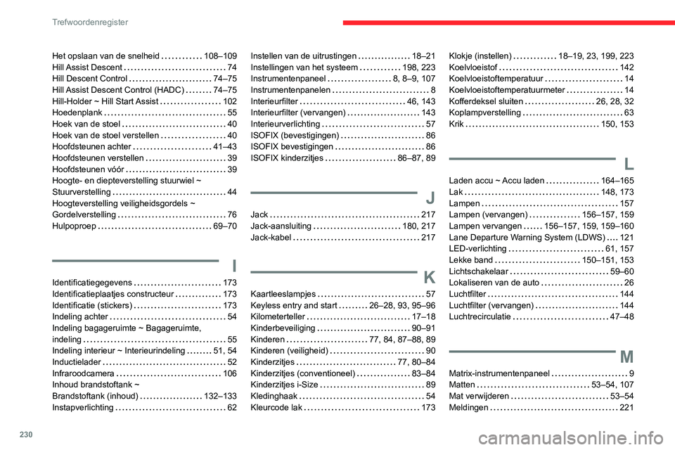 CITROEN C3 AIRCROSS 2021 Instructieboekjes (in Dutch) 230
Trefwoordenregister
Het opslaan van de snelheid 108–109Hill Assist Descent 74Hill Descent Control 74–75Hill Assist Descent Control (HADC) 74–75Hill-Holder ~ Hill Start Assist 102H CITROEN C3 AIRCROSS 2021 Instructieboekjes (in Dutch) 230
Trefwoordenregister
Het opslaan van de snelheid 108–109Hill Assist Descent 74Hill Descent Control 74–75Hill Assist Descent Control (HADC) 74–75Hill-Holder ~ Hill Start Assist 102H