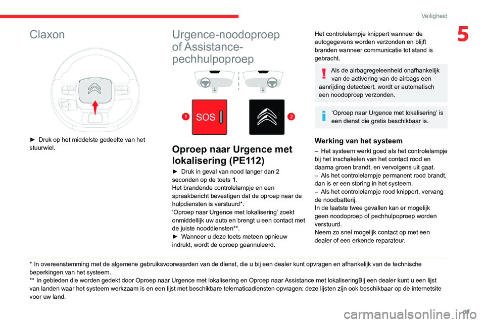 CITROEN C3 AIRCROSS 2021 Instructieboekjes (in Dutch) 69
Veiligheid
5Claxon
► Druk op het middelste gedeelte van het stuurwiel.
* In overeenstemming met de algemene gebruiksvoorwaarden van de dienst, die u bij een dealer kunt opvragen en afhankelijk CITROEN C3 AIRCROSS 2021 Instructieboekjes (in Dutch) 69
Veiligheid
5Claxon
► Druk op het middelste gedeelte van het stuurwiel.
* In overeenstemming met de algemene gebruiksvoorwaarden van de dienst, die u bij een dealer kunt opvragen en afhankelijk