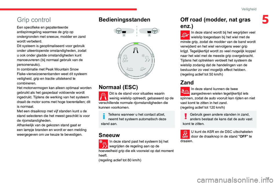 CITROEN C3 AIRCROSS 2021 Instructieboekjes (in Dutch) 73
Veiligheid
5Grip control
Een specifieke en gepatenteerde
antispinregeling waarmee de grip op
ondergronden met sneeuw, modder en zand
wordt verbeterd.
Dit systeem is geoptimaliseerd voor gebruik CITROEN C3 AIRCROSS 2021 Instructieboekjes (in Dutch) 73
Veiligheid
5Grip control
Een specifieke en gepatenteerde
antispinregeling waarmee de grip op
ondergronden met sneeuw, modder en zand
wordt verbeterd.
Dit systeem is geoptimaliseerd voor gebruik