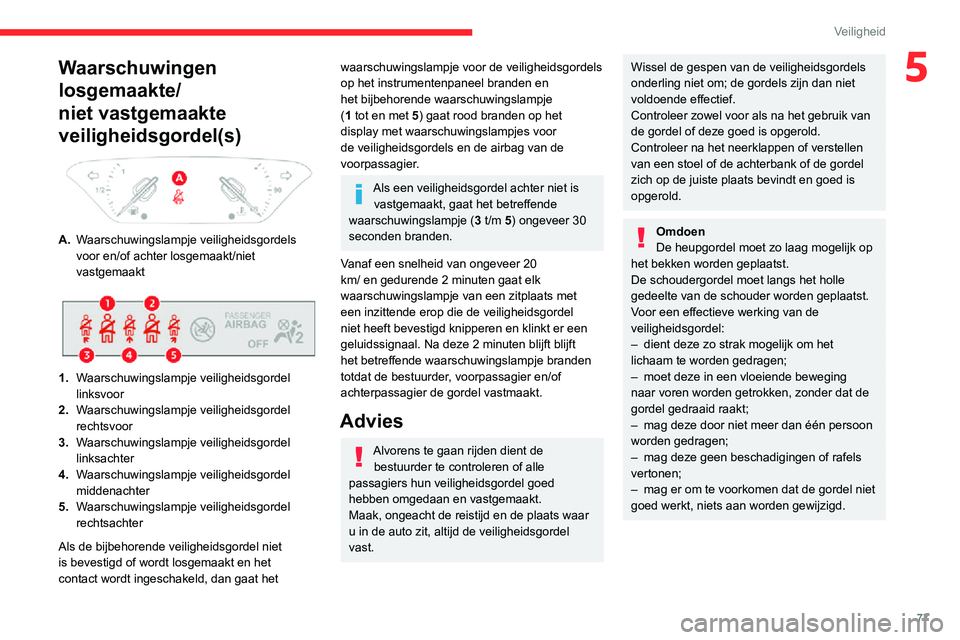 CITROEN C3 AIRCROSS 2021 Instructieboekjes (in Dutch) 77
Veiligheid
5Waarschuwingen
losgemaakte/
niet vastgemaakte
veiligheidsgordel(s)
A.Waarschuwingslampje veiligheidsgordels
voor en/of achter losgemaakt/niet
vastgemaakt
1.Waarschuwingslamp CITROEN C3 AIRCROSS 2021 Instructieboekjes (in Dutch) 77
Veiligheid
5Waarschuwingen
losgemaakte/
niet vastgemaakte
veiligheidsgordel(s)
A.Waarschuwingslampje veiligheidsgordels
voor en/of achter losgemaakt/niet
vastgemaakt
1.Waarschuwingslamp