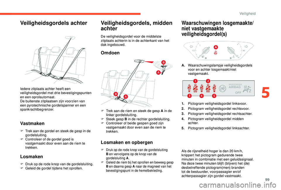 CITROEN C3 AIRCROSS 2019 Instructieboekjes (in Dutch) 99
Veiligheidsgordels achter
Vast maken
F Trek aan de gordel en steek de gesp in de gordelsluiting.
F
C
ontroleer of de gordel goed is
vastgemaakt door even aan de riem te
trekken.
Losmaken
F Dru CITROEN C3 AIRCROSS 2019 Instructieboekjes (in Dutch) 99
Veiligheidsgordels achter
Vast maken
F Trek aan de gordel en steek de gesp in de gordelsluiting.
F
C
ontroleer of de gordel goed is
vastgemaakt door even aan de riem te
trekken.
Losmaken
F Dru