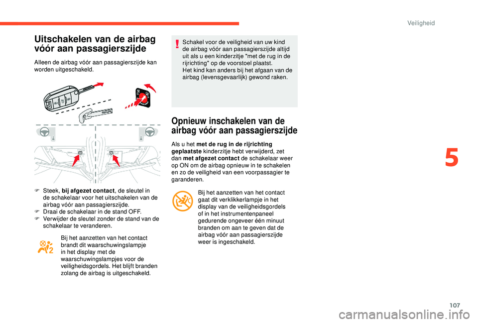 CITROEN C3 AIRCROSS 2019 Instructieboekjes (in Dutch) 107
Uitschakelen van de airbag
vóór aan passagierszijde
Alleen de airbag vóór aan passagierszijde kan
worden uitgeschakeld.
F Steek, bij afgezet contact , de sleutel in
de schakelaar voor het CITROEN C3 AIRCROSS 2019 Instructieboekjes (in Dutch) 107
Uitschakelen van de airbag
vóór aan passagierszijde
Alleen de airbag vóór aan passagierszijde kan
worden uitgeschakeld.
F Steek, bij afgezet contact , de sleutel in
de schakelaar voor het