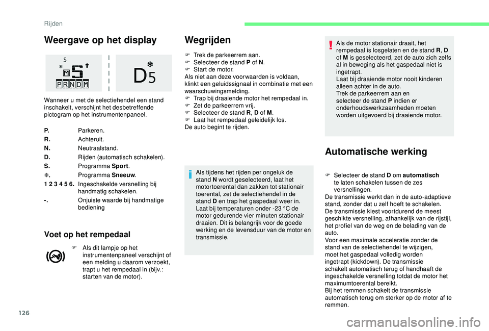 CITROEN C3 AIRCROSS 2019 Instructieboekjes (in Dutch) 126
Weergave op het display
P.Parkeren.
R. Achteruit.
N. Neutraalstand.
D. Rijden (automatisch schakelen).
S. Programma Sport .
T . Programma Sneeuw
.
1 2 3 4 5 6. Ingeschakelde versnelling bij
handm CITROEN C3 AIRCROSS 2019 Instructieboekjes (in Dutch) 126
Weergave op het display
P.Parkeren.
R. Achteruit.
N. Neutraalstand.
D. Rijden (automatisch schakelen).
S. Programma Sport .
T . Programma Sneeuw
.
1 2 3 4 5 6. Ingeschakelde versnelling bij
handm