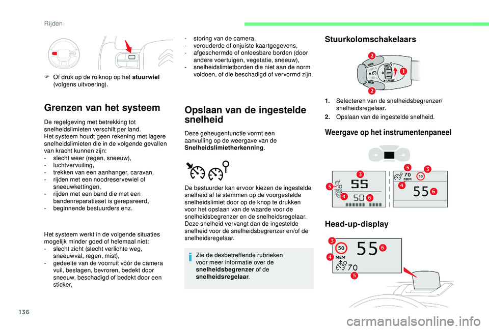 CITROEN C3 AIRCROSS 2019 Instructieboekjes (in Dutch) 136
Grenzen van het systeem
De regelgeving met betrekking tot
snelheidslimieten verschilt per land.
Het systeem houdt geen rekening met lagere
snelheidslimieten die in de volgende gevallen
van krac CITROEN C3 AIRCROSS 2019 Instructieboekjes (in Dutch) 136
Grenzen van het systeem
De regelgeving met betrekking tot
snelheidslimieten verschilt per land.
Het systeem houdt geen rekening met lagere
snelheidslimieten die in de volgende gevallen
van krac