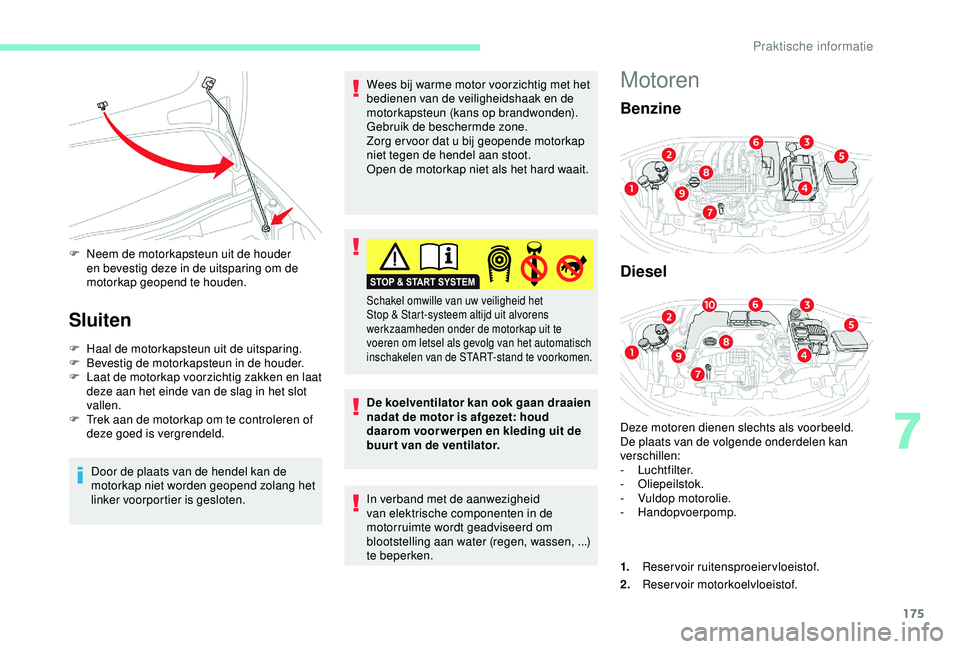CITROEN C3 AIRCROSS 2019 Instructieboekjes (in Dutch) 175
F Neem de motorkapsteun uit de houder en bevestig deze in de uitsparing om de
motorkap geopend te houden.
Sluiten
F Haal de motorkapsteun uit de uitsparing.
F Be vestig de motorkapsteun in de hou CITROEN C3 AIRCROSS 2019 Instructieboekjes (in Dutch) 175
F Neem de motorkapsteun uit de houder en bevestig deze in de uitsparing om de
motorkap geopend te houden.
Sluiten
F Haal de motorkapsteun uit de uitsparing.
F Be vestig de motorkapsteun in de hou
