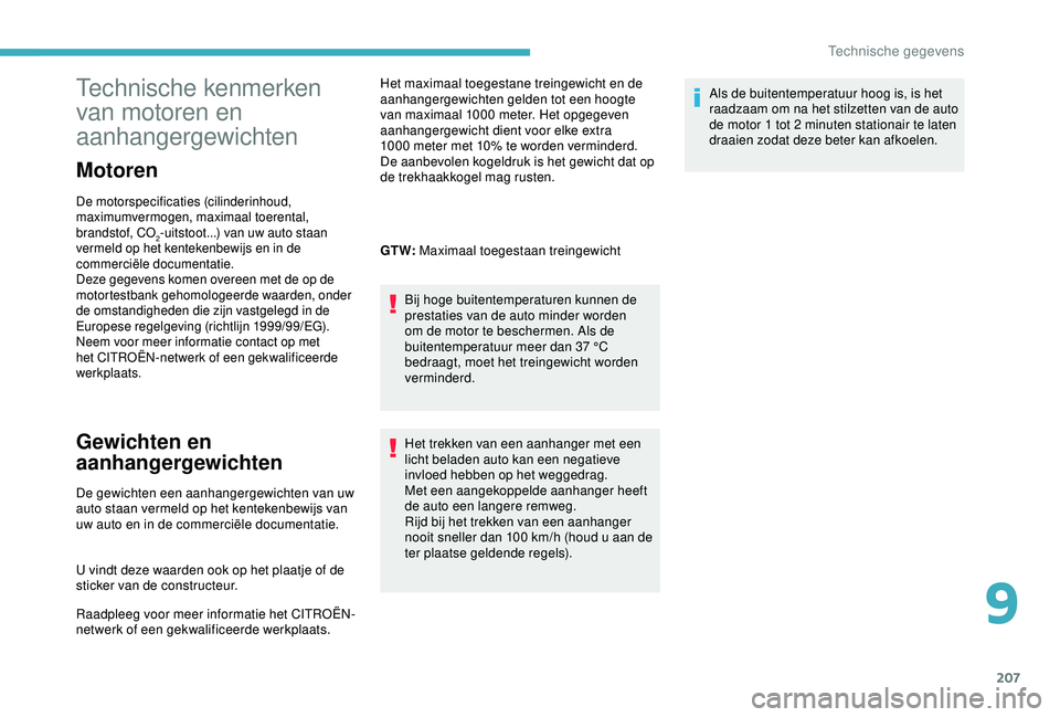 CITROEN C3 AIRCROSS 2019 Instructieboekjes (in Dutch) 207
Technische kenmerken
van motoren en
aanhangergewichten
Motoren
De motorspecificaties (cilinderinhoud,
maximumvermogen, maximaal toerental,
brandstof, CO
2-uitstoot...) van uw auto staan
verme CITROEN C3 AIRCROSS 2019 Instructieboekjes (in Dutch) 207
Technische kenmerken
van motoren en
aanhangergewichten
Motoren
De motorspecificaties (cilinderinhoud,
maximumvermogen, maximaal toerental,
brandstof, CO
2-uitstoot...) van uw auto staan
verme