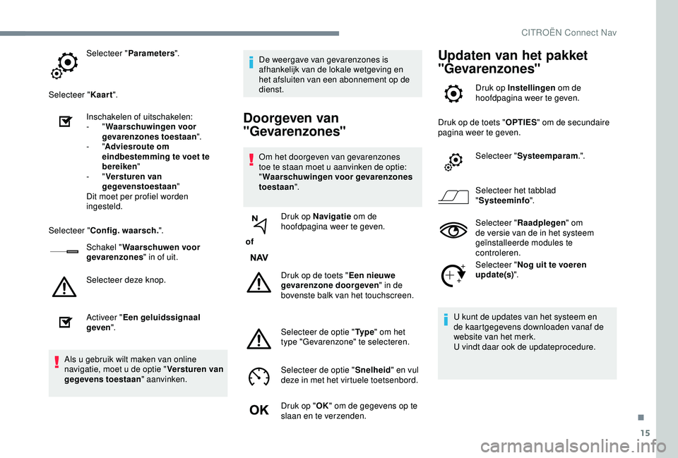 CITROEN C3 AIRCROSS 2019  Instructieboekjes (in Dutch) 15
Selecteer "Parameters ".
Selecteer " Kaart".
Inschakelen of uitschakelen:
-
  "Waarschuwingen voor 
gevarenzones toestaan ".
-
  "Adviesroute om 
eindbestemming te voet 
