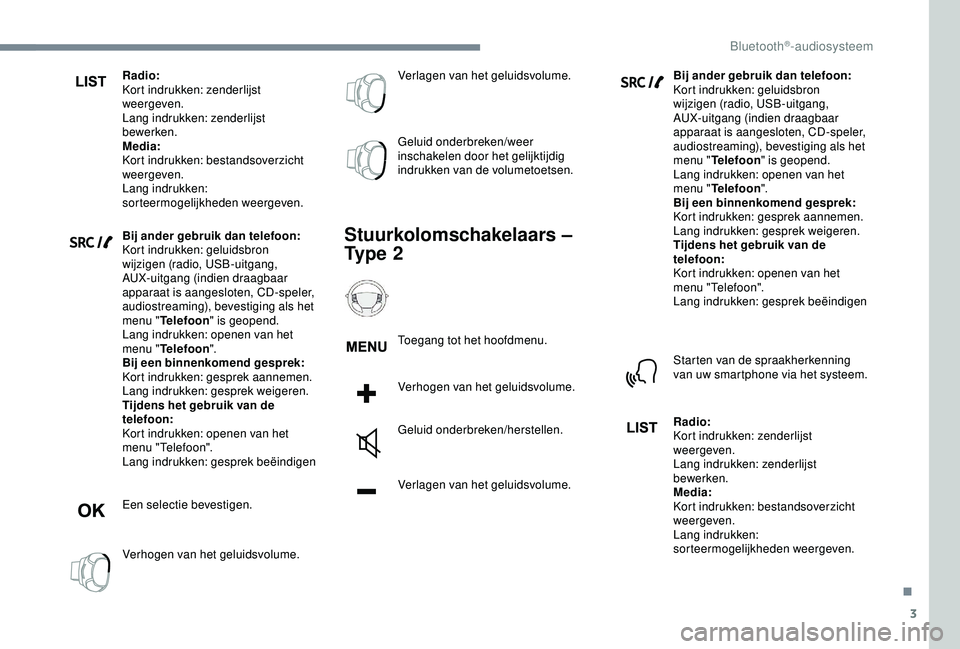 CITROEN C3 AIRCROSS 2019  Instructieboekjes (in Dutch) 3
Radio:
Kort indrukken: zenderlijst 
weergeven.
Lang indrukken: zenderlijst 
bewerken.
Media:
Kort indrukken: bestandsoverzicht 
weergeven.
Lang indrukken: 
sorteermogelijkheden weergeven.
Bij ander 