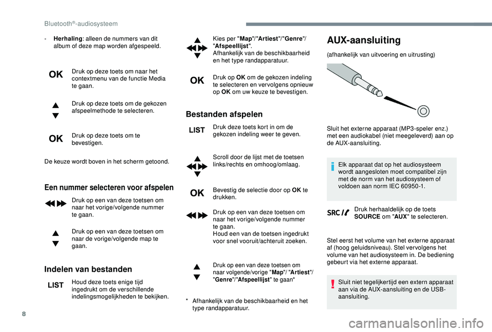 CITROEN C3 AIRCROSS 2019 Instructieboekjes (in Dutch) 8
- Herhaling: alleen de nummers van dit
album of deze map worden afgespeeld.
Druk op deze toets om naar het
contextmenu van de functie Media
te gaan.
Druk op deze toets om de gekozen
afspeelmetho CITROEN C3 AIRCROSS 2019 Instructieboekjes (in Dutch) 8
- Herhaling: alleen de nummers van dit
album of deze map worden afgespeeld.
Druk op deze toets om naar het
contextmenu van de functie Media
te gaan.
Druk op deze toets om de gekozen
afspeelmetho
