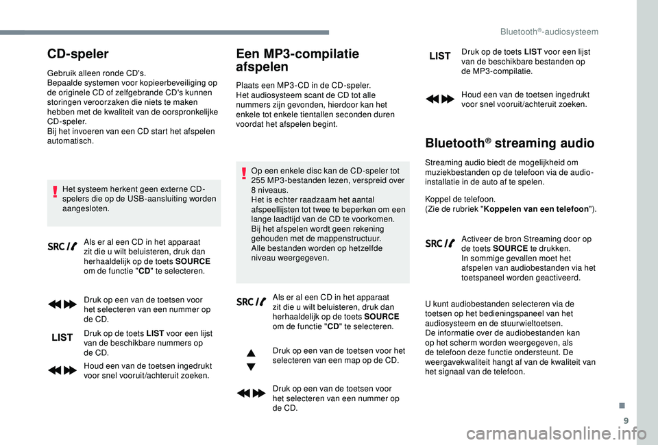 CITROEN C3 AIRCROSS 2019 Instructieboekjes (in Dutch) 9
CD-speler
Gebruik alleen ronde CD's.
Bepaalde systemen voor kopieerbeveiliging op
de originele CD of zelfgebrande CD's kunnen
storingen veroorzaken die niets te maken
hebben met de kwalit CITROEN C3 AIRCROSS 2019 Instructieboekjes (in Dutch) 9
CD-speler
Gebruik alleen ronde CD's.
Bepaalde systemen voor kopieerbeveiliging op
de originele CD of zelfgebrande CD's kunnen
storingen veroorzaken die niets te maken
hebben met de kwalit