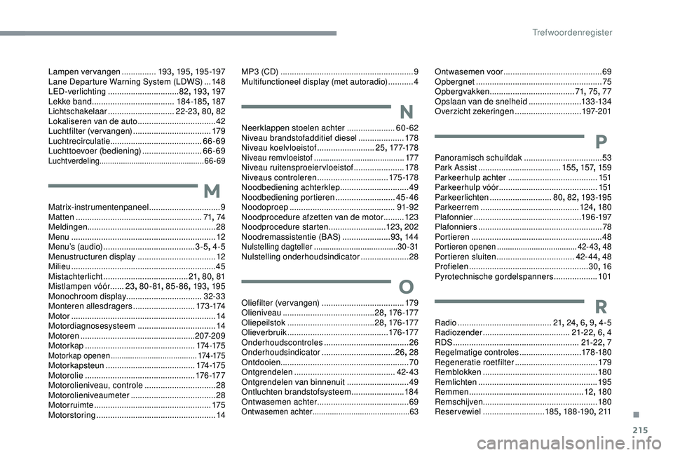 CITROEN C3 AIRCROSS 2019 Instructieboekjes (in Dutch) 215
Lampen vervangen ...............193, 195 , 195 -197
Lane Departure Warning System (LDWS) ...148
LED-verlichting
............................... 82, 193 , 197
Lekke band
.................... CITROEN C3 AIRCROSS 2019 Instructieboekjes (in Dutch) 215
Lampen vervangen ...............193, 195 , 195 -197
Lane Departure Warning System (LDWS) ...148
LED-verlichting
............................... 82, 193 , 197
Lekke band
....................