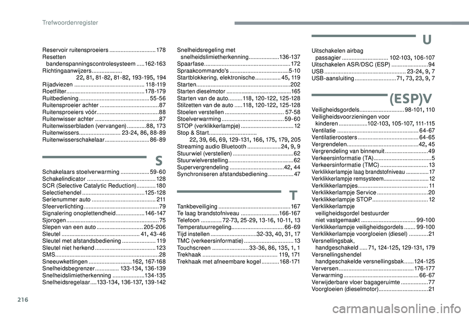 CITROEN C3 AIRCROSS 2019 Instructieboekjes (in Dutch) 216
Reservoir ruitensproeiers .............................17 8
Resetten bandenspanningscontrolesysteem
.....162-163
Richtingaanwijzers
...................
22 , 81 , 81- 82 , 81- 82, 193 -195 , CITROEN C3 AIRCROSS 2019 Instructieboekjes (in Dutch) 216
Reservoir ruitensproeiers .............................17 8
Resetten bandenspanningscontrolesysteem
.....162-163
Richtingaanwijzers
...................
22 , 81 , 81- 82 , 81- 82, 193 -195 ,