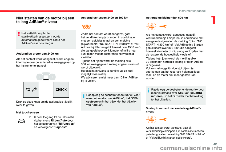 CITROEN C3 AIRCROSS 2019 Instructieboekjes (in Dutch) 29
CHECK
F U hebt toegang tot de informatie via het menu Rijden/Auto door
het selecteren van " Rijfuncties"
en vervolgens " Diagnose". Tijdens het rijden wordt de melding elke
300
CITROEN C3 AIRCROSS 2019 Instructieboekjes (in Dutch) 29
CHECK
F U hebt toegang tot de informatie via het menu Rijden/Auto door
het selecteren van " Rijfuncties"
en vervolgens " Diagnose". Tijdens het rijden wordt de melding elke
300