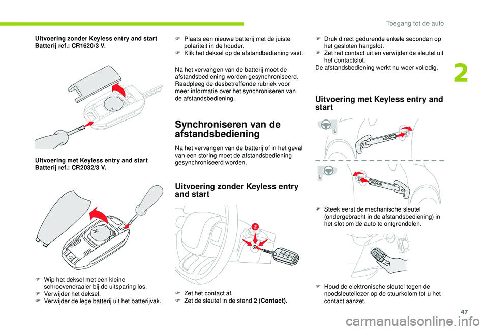 CITROEN C3 AIRCROSS 2019 Instructieboekjes (in Dutch) 47
Uitvoering met Keyless entr y and star t
Batterij ref.: CR2032/3 V. F
P
laats een nieuwe batterij met de juiste
polariteit in de houder.
F
K
lik het deksel op de afstandbediening vast.
Na h CITROEN C3 AIRCROSS 2019 Instructieboekjes (in Dutch) 47
Uitvoering met Keyless entr y and star t
Batterij ref.: CR2032/3 V. F
P
laats een nieuwe batterij met de juiste
polariteit in de houder.
F
K
lik het deksel op de afstandbediening vast.
Na h