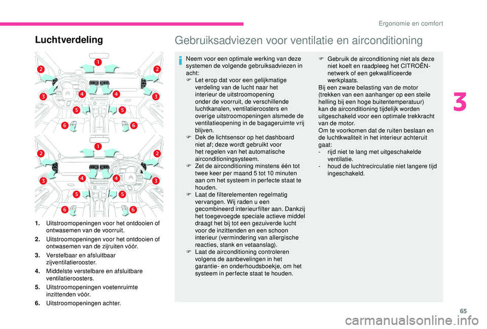 CITROEN C3 AIRCROSS 2019  Instructieboekjes (in Dutch) 65
LuchtverdelingGebruiksadviezen voor ventilatie en airconditioning
Neem voor een optimale werking van deze 
systemen de volgende gebruiksadviezen in 
acht:
F 
L
 et erop dat voor een gelijkmatige 
v