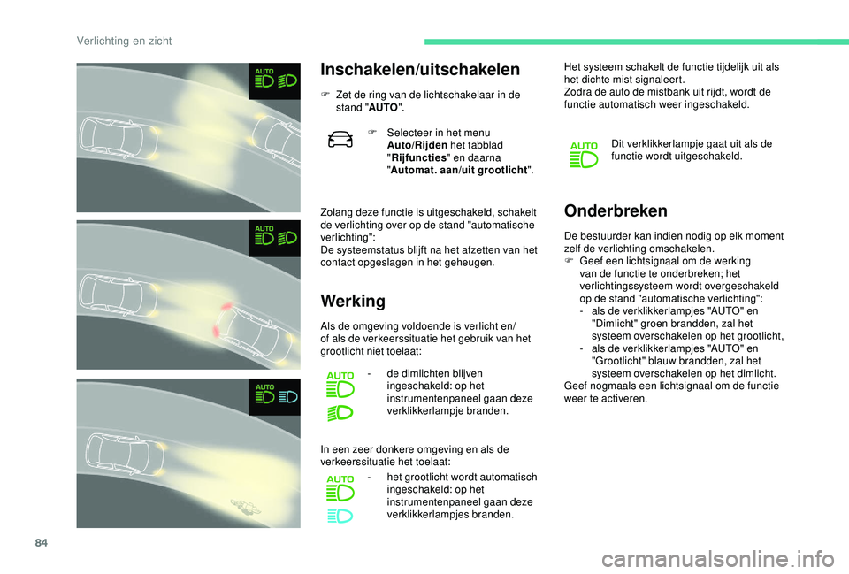 CITROEN C3 AIRCROSS 2019 Instructieboekjes (in Dutch) 84
Inschakelen/uitschakelen
F Zet de ring van de lichtschakelaar in de stand " AUTO".
Zolang deze functie is uitgeschakeld, schakelt
de verlichting over op de stand "automatische
verlich CITROEN C3 AIRCROSS 2019 Instructieboekjes (in Dutch) 84
Inschakelen/uitschakelen
F Zet de ring van de lichtschakelaar in de stand " AUTO".
Zolang deze functie is uitgeschakeld, schakelt
de verlichting over op de stand "automatische
verlich