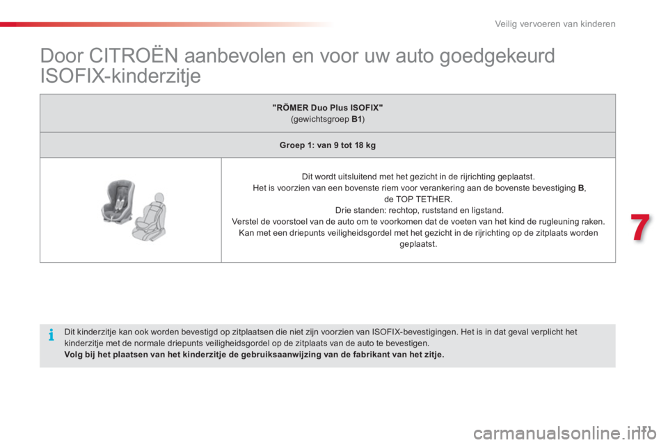 CITROEN C3 PICASSO 2014 Instructieboekjes (in Dutch) 7
Veilig vervoeren van kinderen
111
Door CITROËN aanbevolen en voor uw auto goedgekeurd
ISOFIX-kinderzitje
"RÖMER Duo Plus ISOFIX"(gewichtsgroep B1 )
Groep CITROEN C3 PICASSO 2014 Instructieboekjes (in Dutch) 7
Veilig vervoeren van kinderen
111
Door CITROËN aanbevolen en voor uw auto goedgekeurd
ISOFIX-kinderzitje
"RÖMER Duo Plus ISOFIX"(gewichtsgroep B1 )
Groep