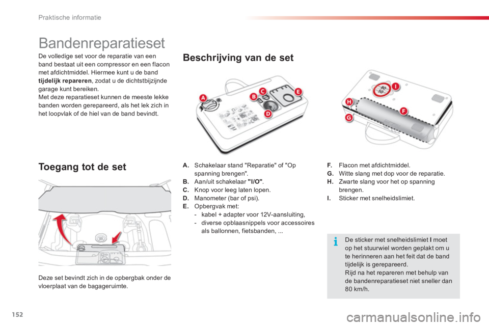 CITROEN C3 PICASSO 2014  Instructieboekjes (in Dutch) Praktische informatie
152
   
 
 
 
 
 
 
 
 
 
 
 
 
 
 
 
 
Bandenreparatieset 
 
 
Beschrijving van de set 
A. 
  Schakelaar stand "Reparatie" of "Op spanning brengen". 
B.   Aan/uit schakelaar  "I