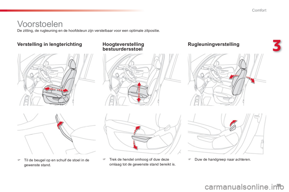 CITROEN C3 PICASSO 2014  Instructieboekjes (in Dutch) 3
Comfort
59
   
 
 
 
 
 
 
 
Vo or stoelen   
De zitting, de rugleuning en de hoofdsteun zijn verstelbaar voor een optimale zitpositie.  
 
 
Hoogteverstelling 
bestuurdersstoel    
Rugleuningverste