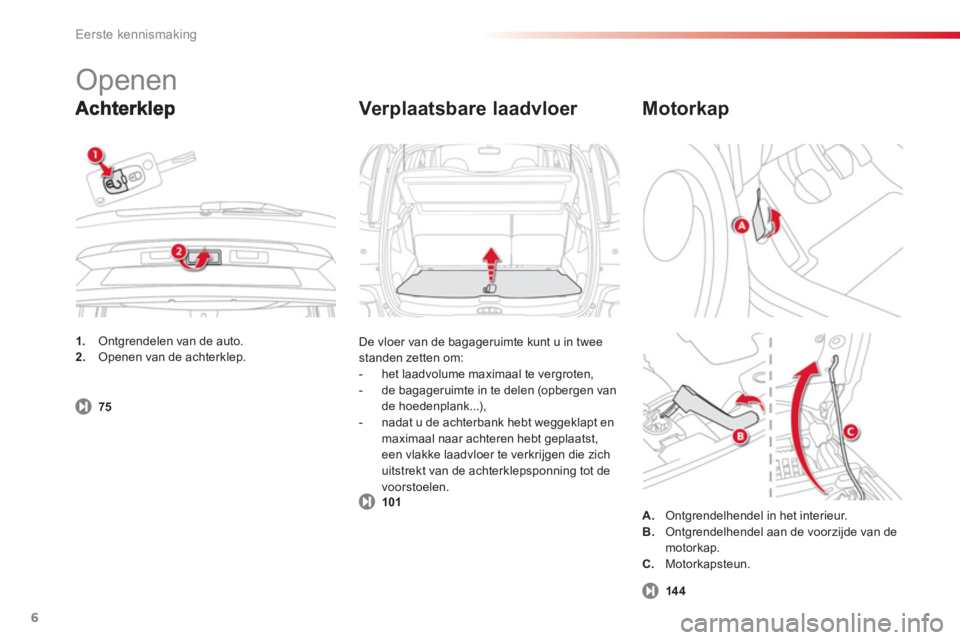 CITROEN C3 PICASSO 2014  Instructieboekjes (in Dutch) Eerste kennismaking
6
   Verplaatsbare laadvloer 
 
De vloer van de bagageruimte kunt u in twee standen zetten om: 
   
 
-   het laadvolume maximaal te vergroten,
   
-  de bagageruimte in te delen (