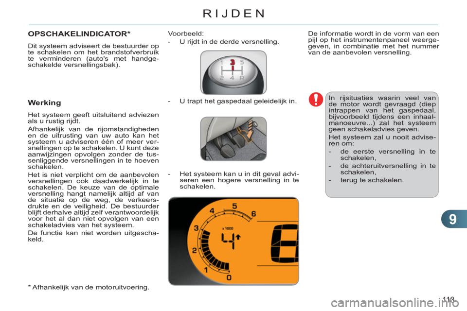CITROEN C3 PICASSO 2012  Instructieboekjes (in Dutch) 9
113
RIJDEN
OPSCHAKELINDICATOR *
 
Dit systeem adviseert de bestuurder op 
te schakelen om het brandstofverbruik 
te verminderen (autos met handge-
schakelde versnellingsbak). 
   
Werking
 
Het sys
