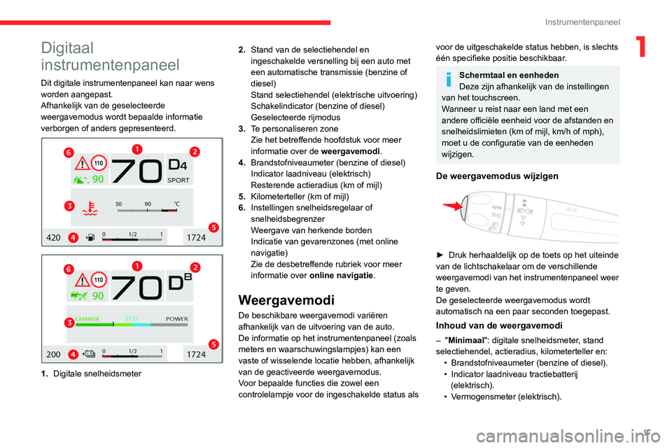 CITROEN C4 2021  Instructieboekjes (in Dutch) 9
Instrumentenpaneel
1Digitaal 
instrumentenpaneel
Dit digitale instrumentenpaneel kan naar wens 
worden aangepast.
Afhankelijk van de geselecteerde 
weergavemodus wordt bepaalde informatie 
verborgen