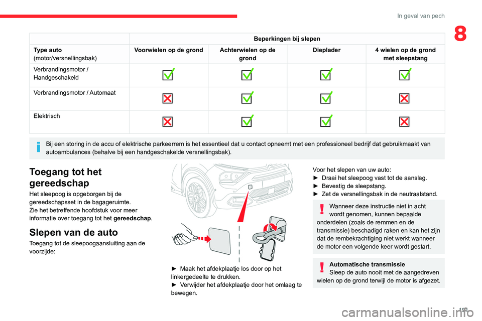 CITROEN C4 2021 Instructieboekjes (in Dutch) 191
In geval van pech
8Beperkingen bij slepen
Type auto
(motor/versnellingsbak) Voorwielen op de grond Achterwielen op de
grondDieplader
4 wielen op de grond
met sleepstang
Verbrandingsmotor /
Hand CITROEN C4 2021 Instructieboekjes (in Dutch) 191
In geval van pech
8Beperkingen bij slepen
Type auto
(motor/versnellingsbak) Voorwielen op de grond Achterwielen op de
grondDieplader
4 wielen op de grond
met sleepstang
Verbrandingsmotor /
Hand
