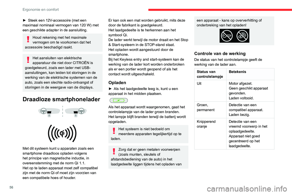 CITROEN C4 2021  Instructieboekjes (in Dutch) 56
Ergonomie en comfort
► Steek een 12V-accessoire (met een 
maximaal nominaal vermogen van 120 W) met 
een geschikte adapter in de aansluiting.
Houd rekening met het maximale 
vermogen om te voorko