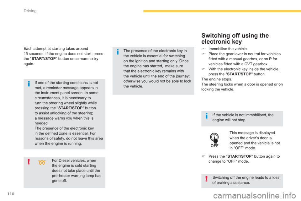 Citroen C4 AIRCROSS RHD 2014 1.G Owners Manual 110
Driving
   
For Diesel vehicles, when 
the engine is cold starting 
does not take place until the 
pre-heater warning lamp has 
gone off.      
If one of the starting conditions is not 
met, a rem