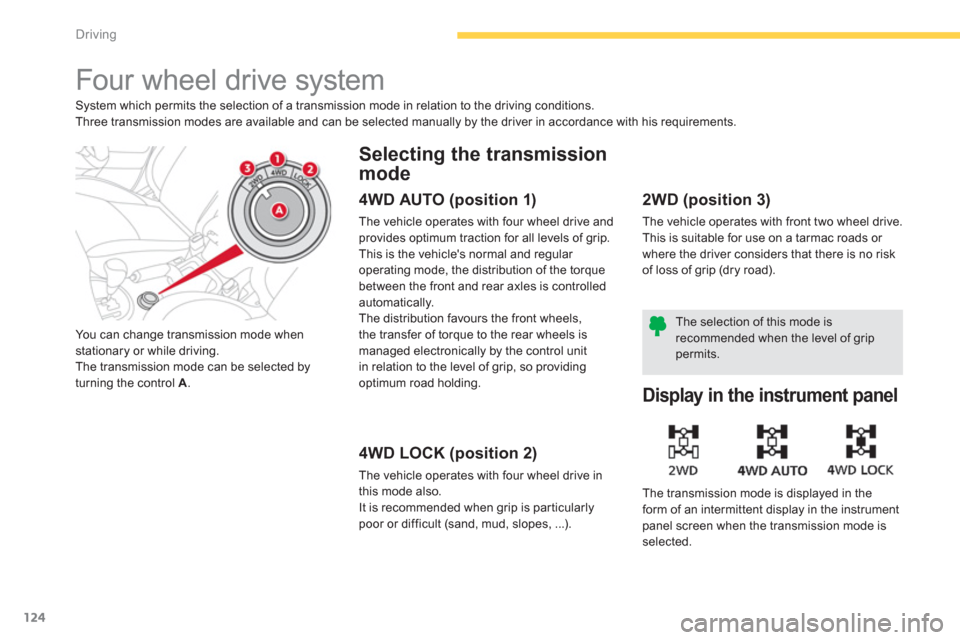 Citroen C4 AIRCROSS RHD 2014 1.G Owners Manual 124
Driving
   
 
 
 
 
Four wheel drive system 
 
System which permits the selection of a transmission mode in relation to the driving conditions. 
  Three transmission modes are available and can be
