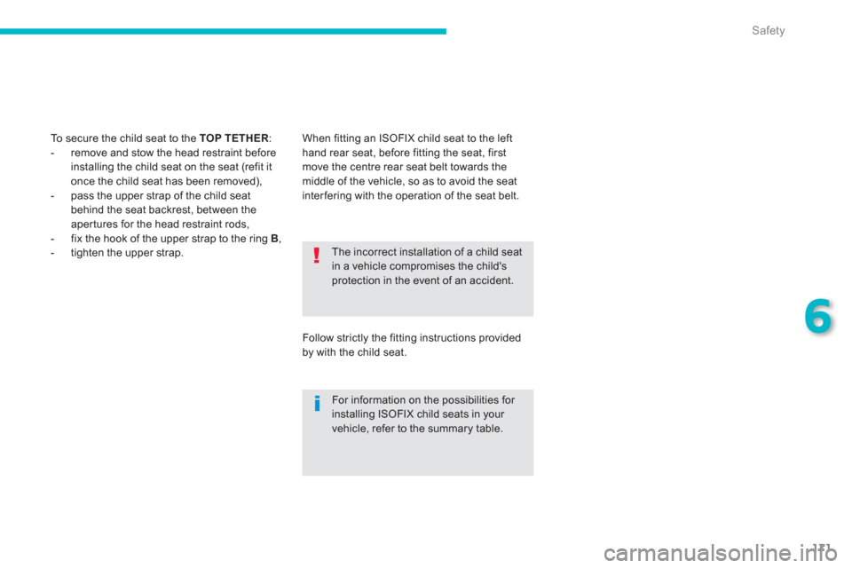 Citroen C4 AIRCROSS RHD 2014 1.G Owners Manual 171
6
Safety
  The incorrect installation of a child seat 
in a vehicle compromises the childs 
protection in the event of an accident. 
  For information on the possibilities for 
installing ISOFIX 