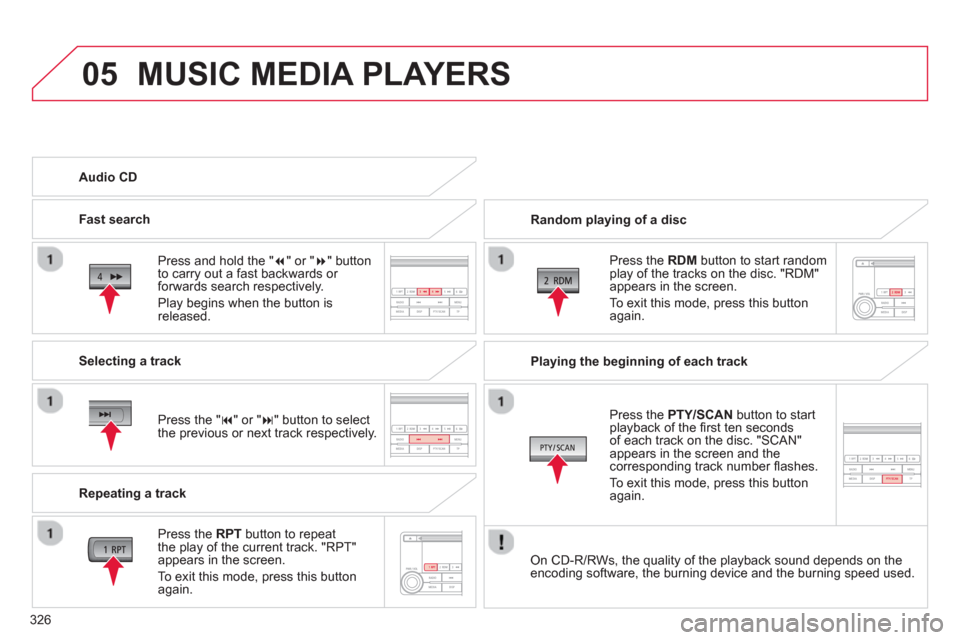 Citroen C4 AIRCROSS RHD 2014 1.G Owners Guide 326
05  MUSIC MEDIA PLAYERS 
 
 
Random playing of a disc  
   
Press the  RDM 
 button to start random 
play of the tracks on the disc. "RDM" 
appears in the screen. 
  To exit this mode, press this 