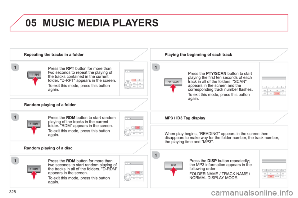 Citroen C4 AIRCROSS RHD 2014 1.G Owners Manual 328
05  MUSIC MEDIA PLAYERS 
 
 
Repeating the tracks in a folder  
   
Press the  RPT 
 button for more than 
two seconds to repeat the playing of 
the tracks contained in the current 
folder. "D-RPT