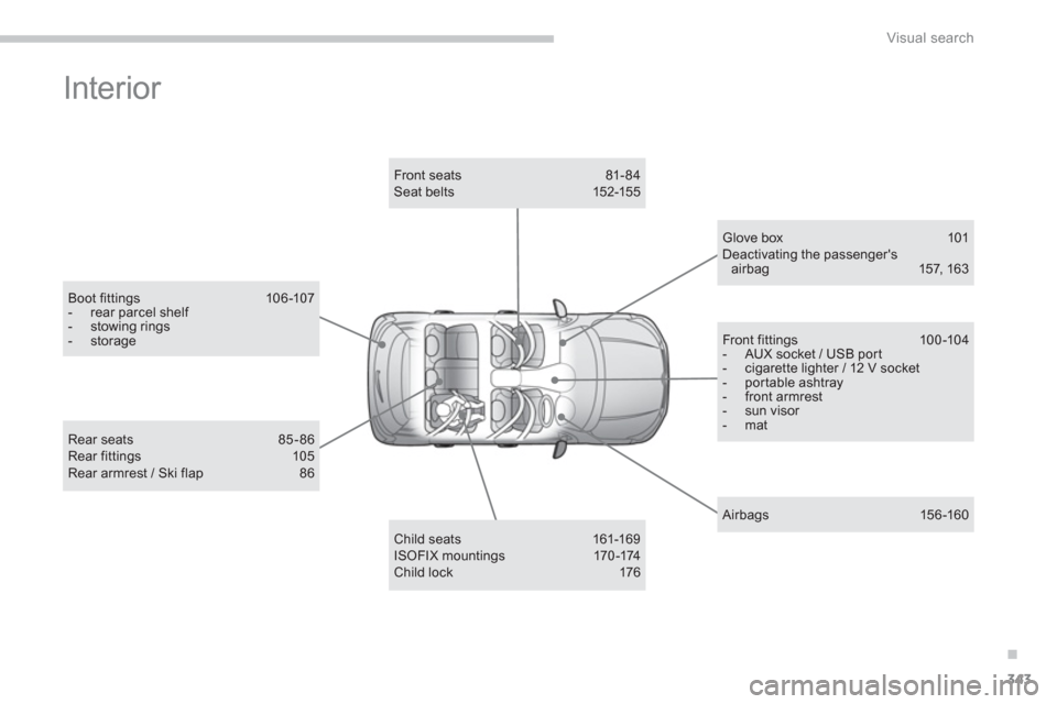 Citroen C4 AIRCROSS RHD 2014 1.G Owners Guide .
343
Visual search
  Interior  
 
 
Boot f ittings  10 6 -107 
   
 
-   rear parcel shelf 
   
-  stowing rings 
   
-  storage  
 
   
Child seats  161-169 
  ISOFIX mountings  170 -174 
  Child lo